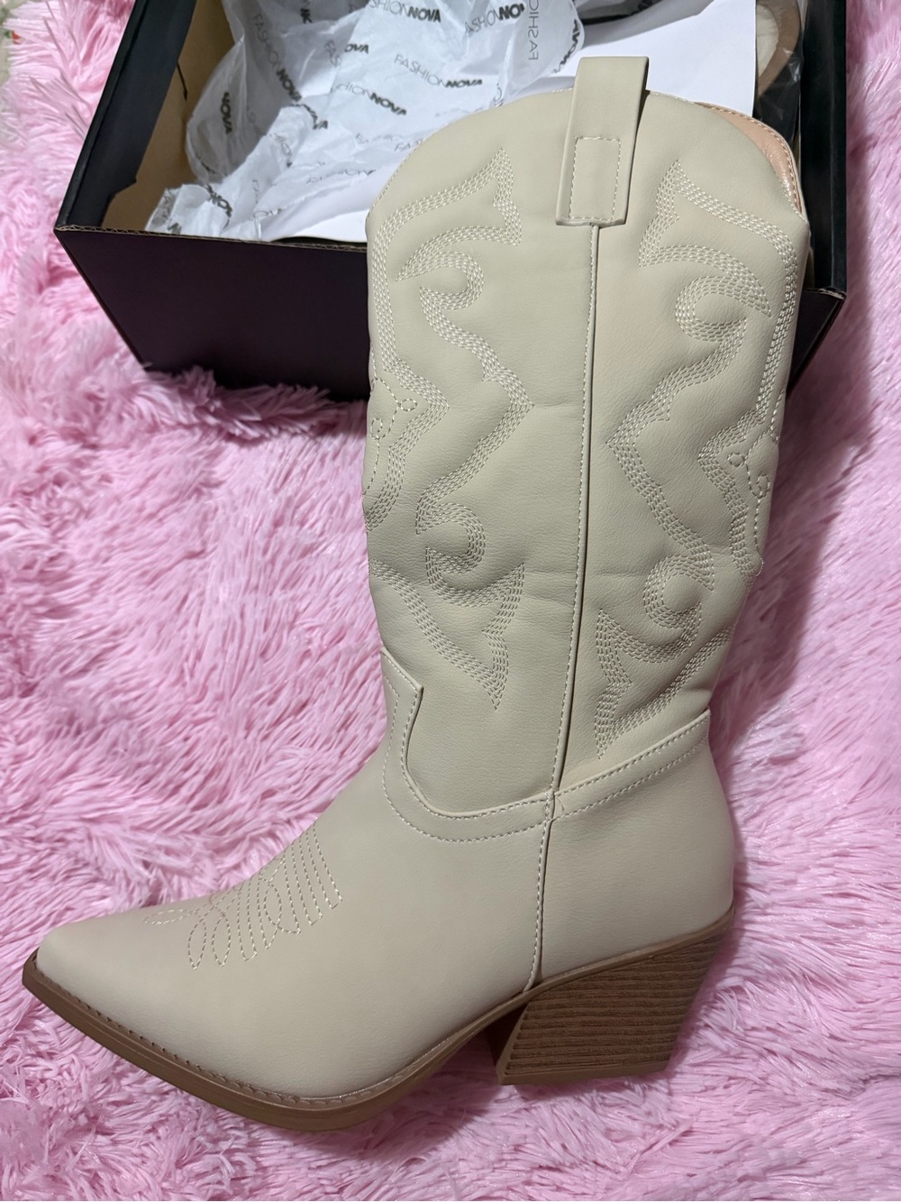 Fashion Nova Cream Cowboy Mid Heel Boots